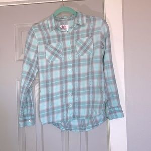 Girls Justice Aqua & Gray Plaid Button Down Shirt - 12 —- 2 for $20